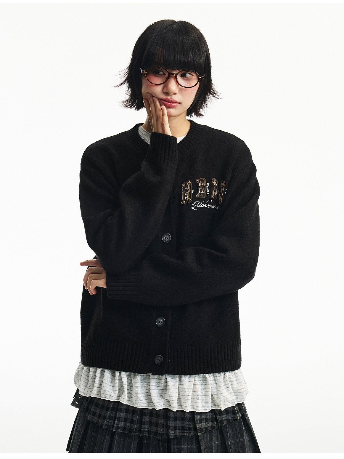 MEDM 雙層豹紋字母貼皮 休閒保暖 鈕扣針織外套