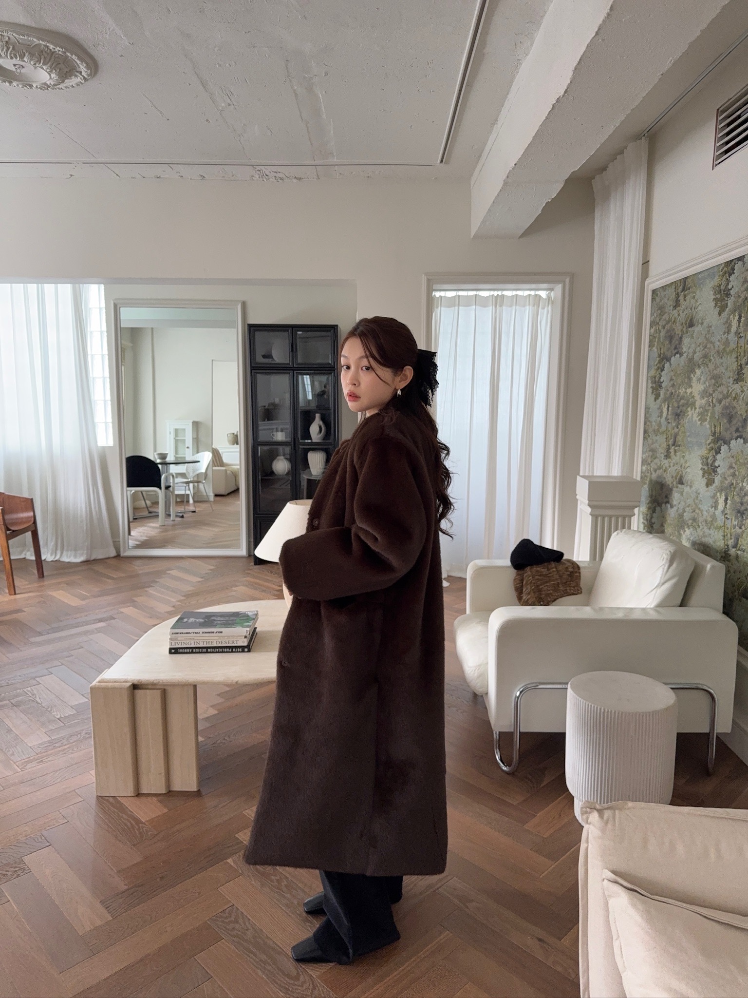 J33/ 貂毛長版大衣外套+圍脖 SET