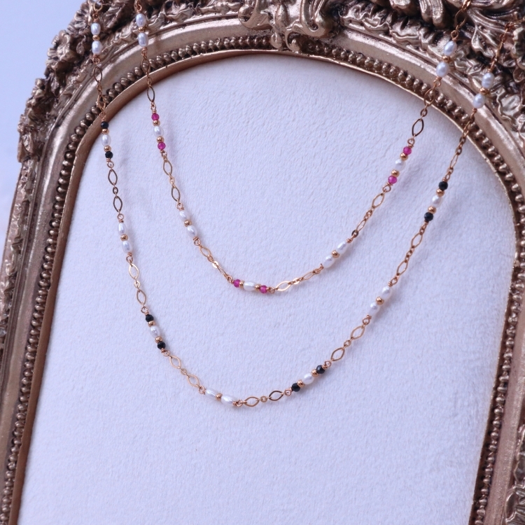 晨曦微光 Dawn Radiance / 星夜低語 Midnight Whisper 淡水珍珠 剛玉 黑尖晶 鈦鋼項鍊