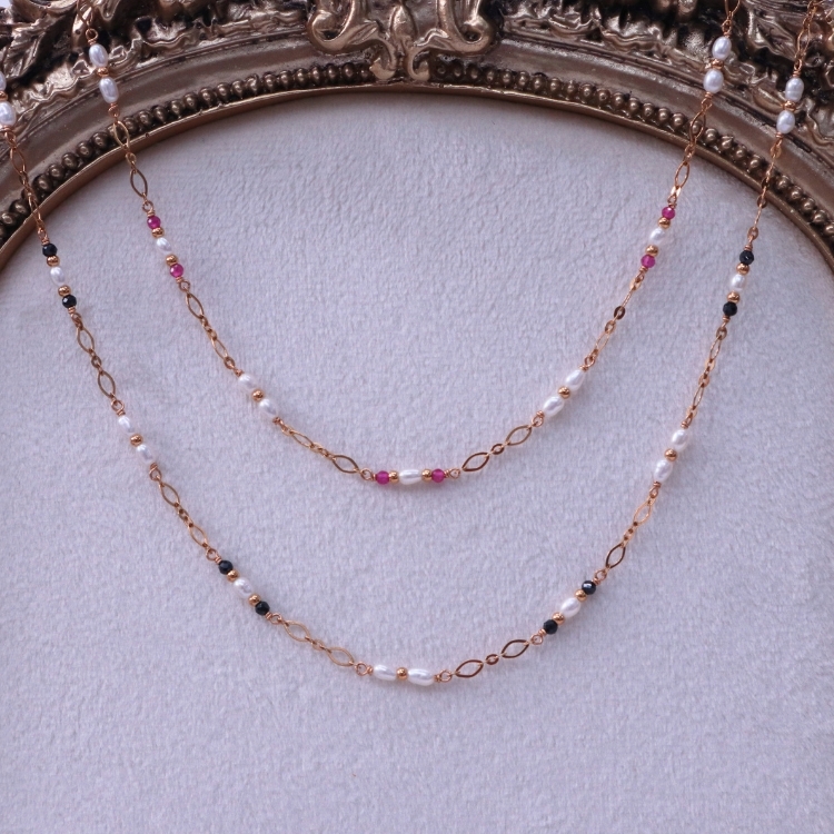 晨曦微光 Dawn Radiance / 星夜低語 Midnight Whisper 淡水珍珠 剛玉 黑尖晶 鈦鋼項鍊