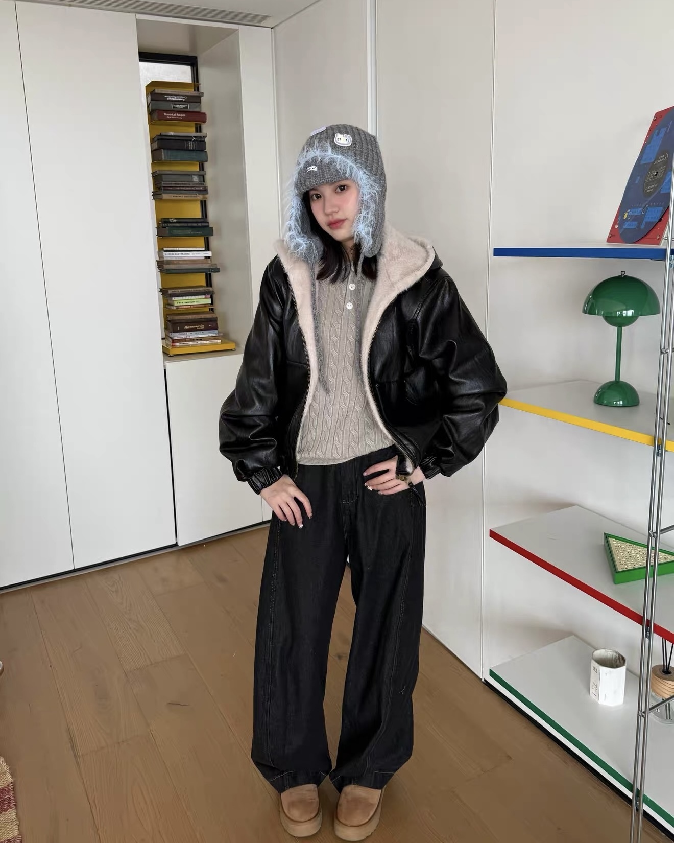 羊羔毛 連帽 皮革 外套 男女 皮外套