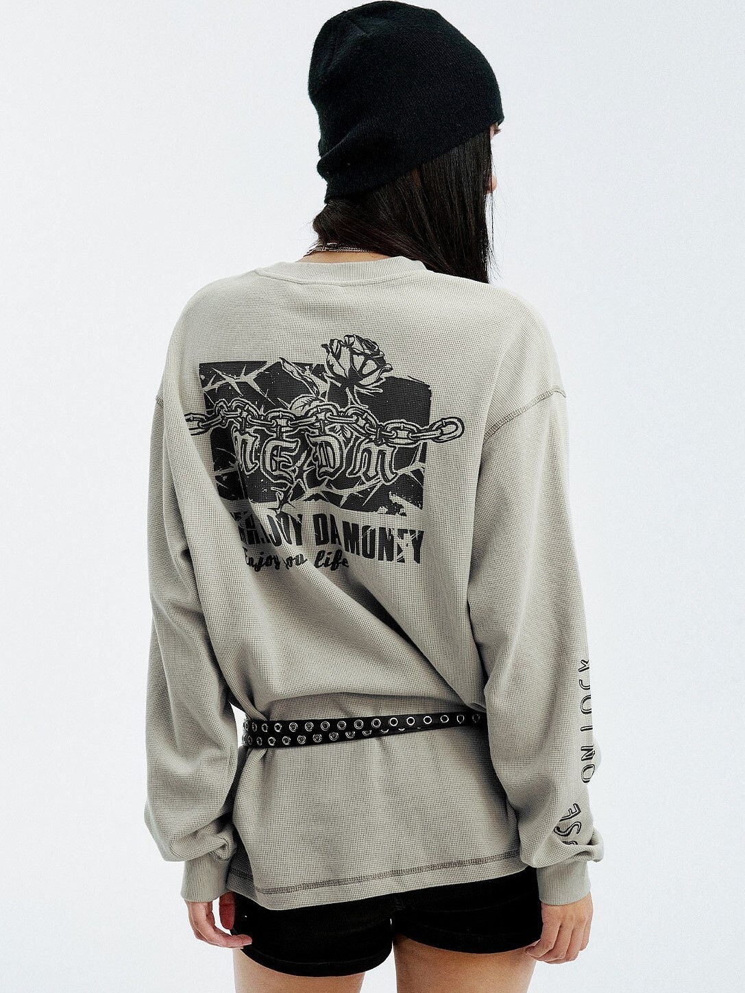 MEDM 華夫格 鐵鍊與玫瑰印花Logo 休閒長袖T