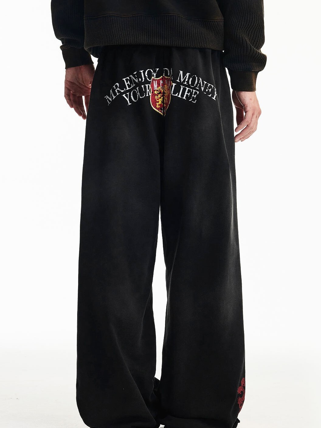 MEDM 腰頭反縫毛邊 做舊印花 休閒寬鬆 抽繩棉褲