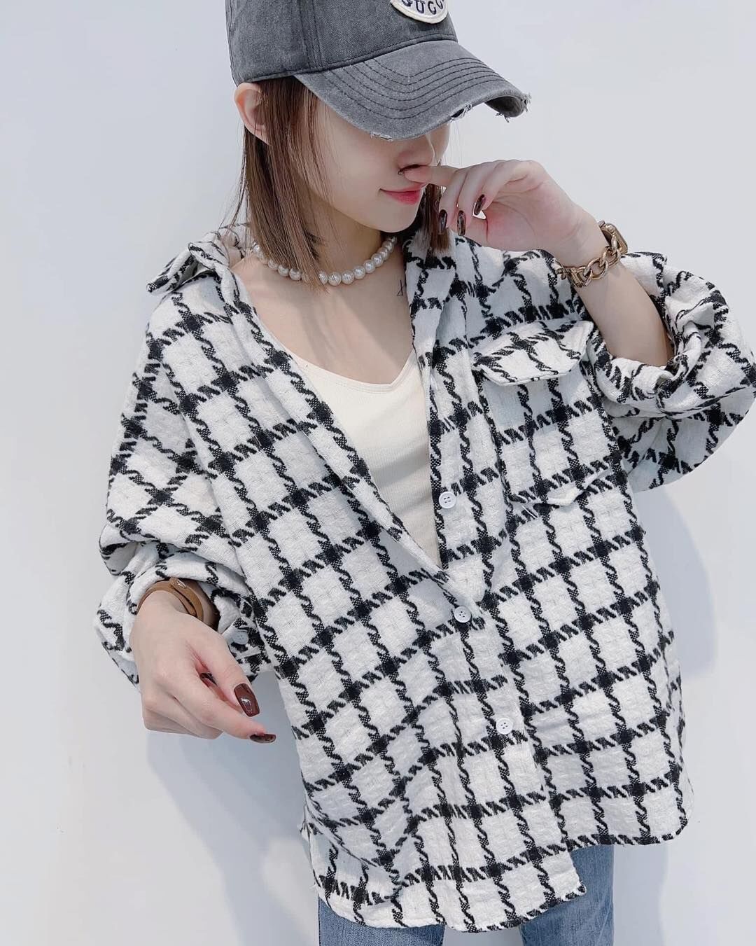 【質感超好的毛呢格紋針織襯衫】（現貨）