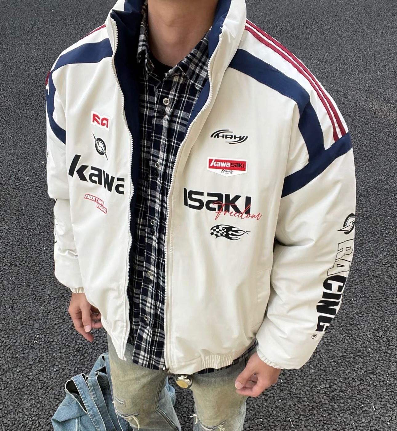 Kawasaki川崎美式復古賽車風外套 雙面棉服