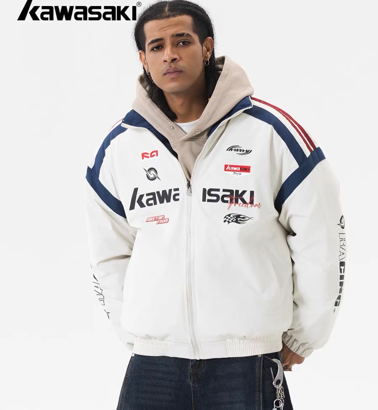 Kawasaki川崎美式復古賽車風刺繡外套 雙面棉服