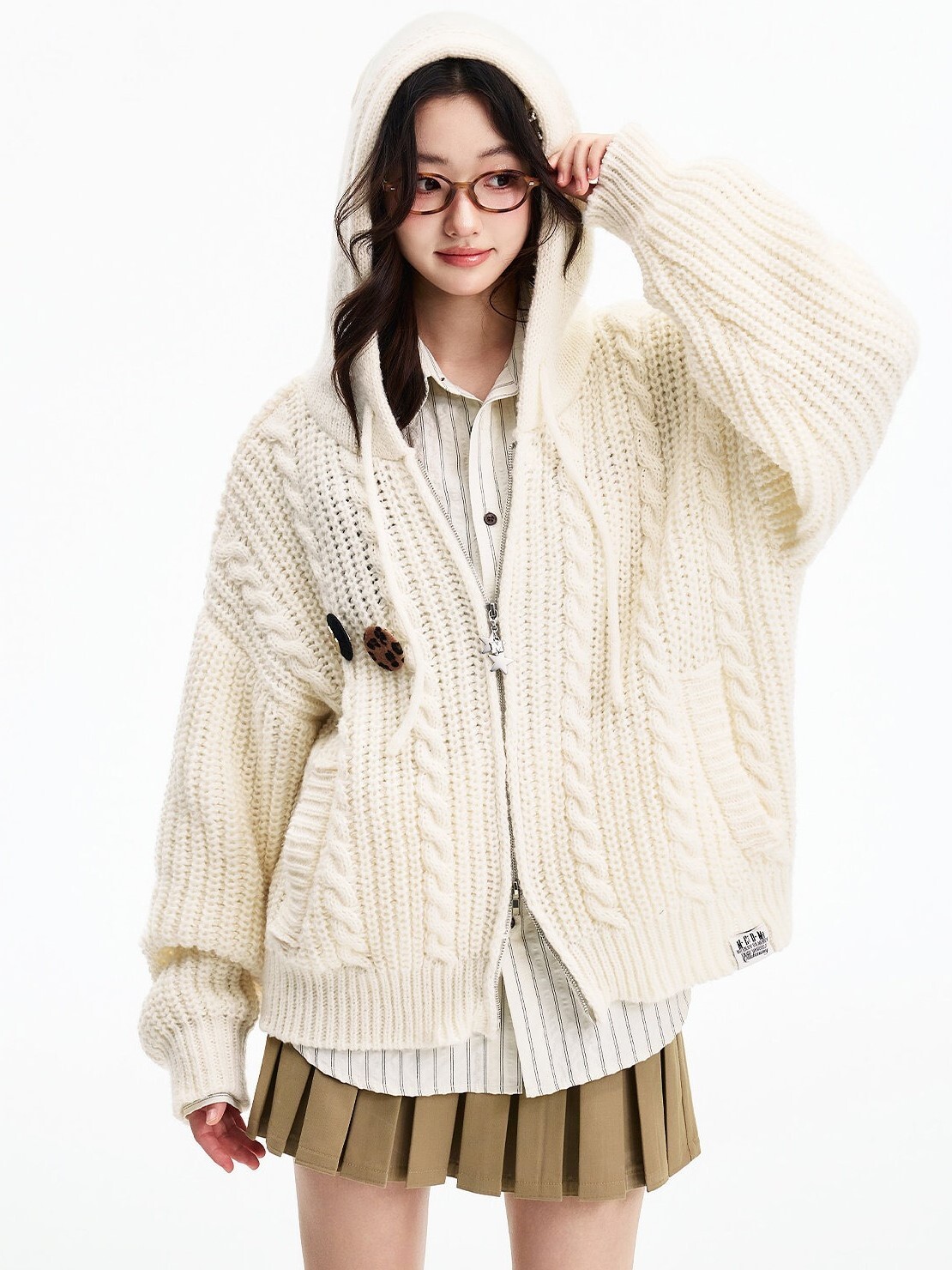 MEDM 別針裝飾 星星雙拉鍊 連帽抽繩 針織外套