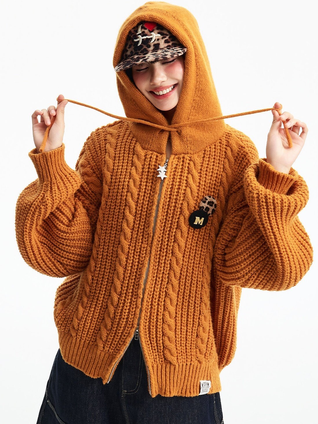 MEDM 別針裝飾 星星雙拉鍊 連帽抽繩 針織外套