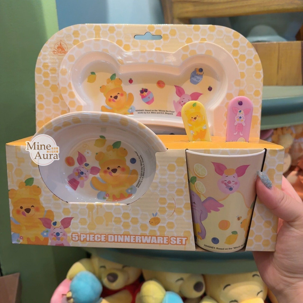 春日系列 小熊維尼 Winnie the Pooh 分隔餐盤+圓盤+碗+水杯+叉子+湯匙 五件組 餐具 -香港迪士尼樂園