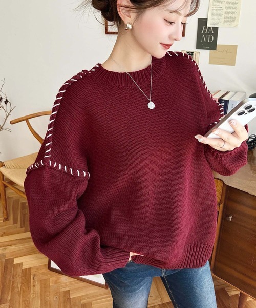 零碼現貨紅色M!! 日本🇯🇵連線 Moment+ 撞色縫線針織套頭衫 撞色 縫線 針織 針織衫 套頭衫 長袖 (任買兩件7-11免運)/現貨