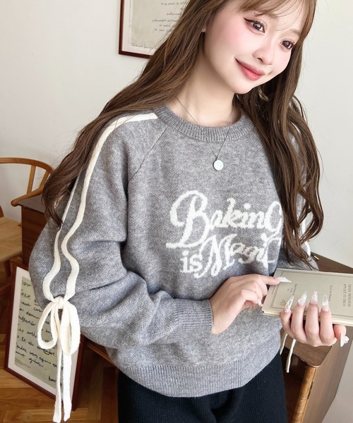 日本🇯🇵連線 Moment+ 雙緹花織帶Logo針織套頭衫 緹花 緞帶 針織 針織衫 套頭衫 長袖 2色(任買兩件7-11免運)/預購