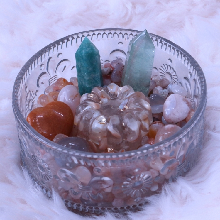 櫻語心境 Blossom Serenity 自我療癒 消磁水晶碗 櫻花瑪瑙 綠螢石 天河石 貝殼白水晶 黃玉