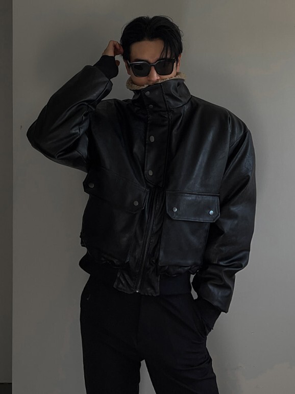 羊毛皮領皮革襯墊夾克