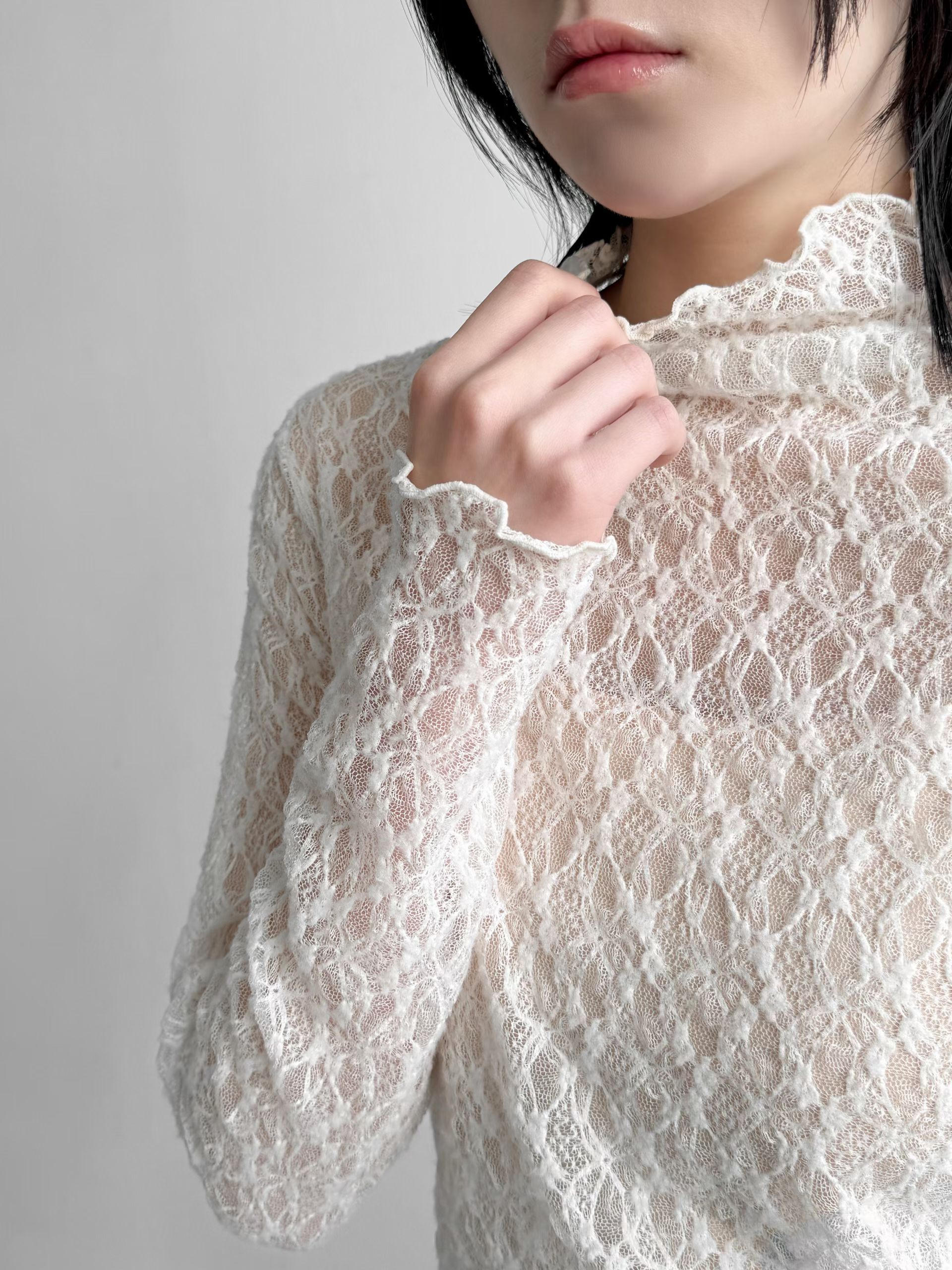 木耳邊lace透視top