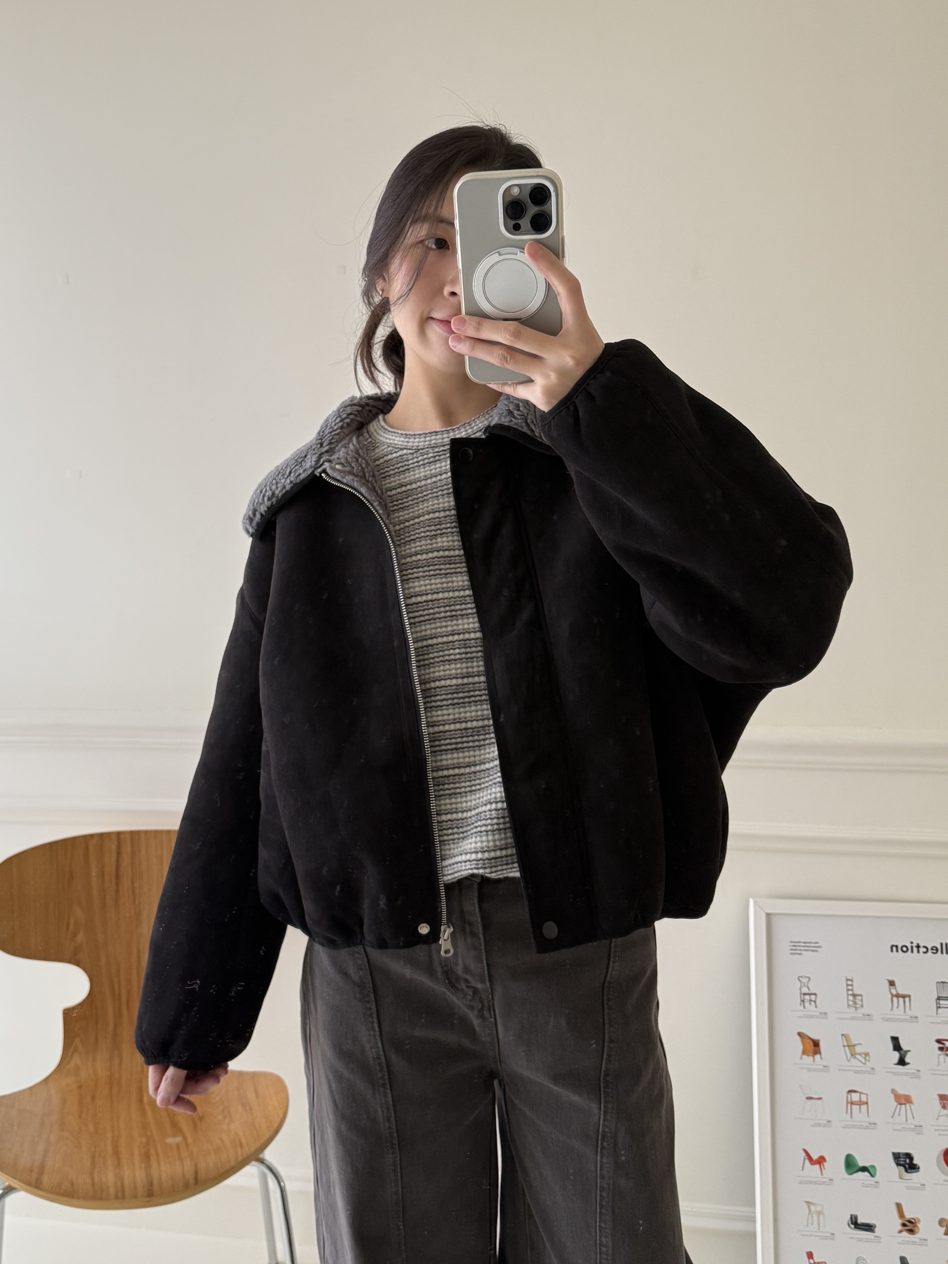 毛毛翻領率性外套-黑色