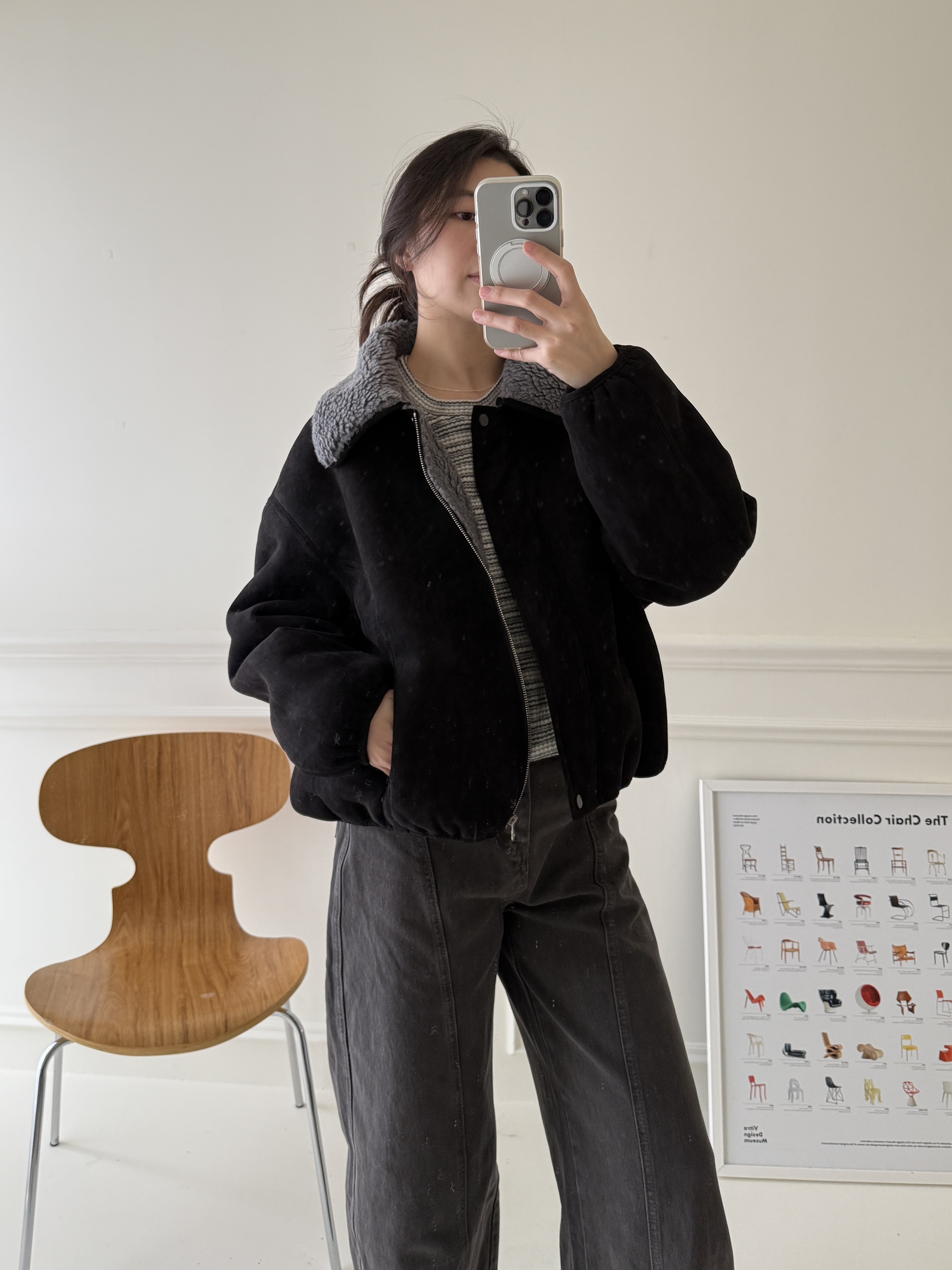 毛毛翻領率性外套-黑色