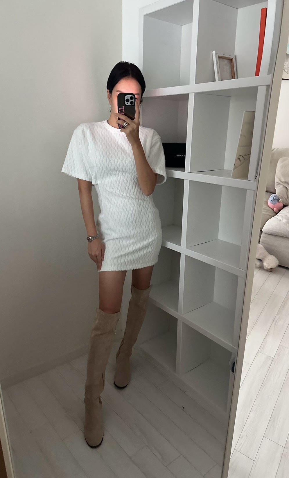 短袖收腰絨毛洋裝
