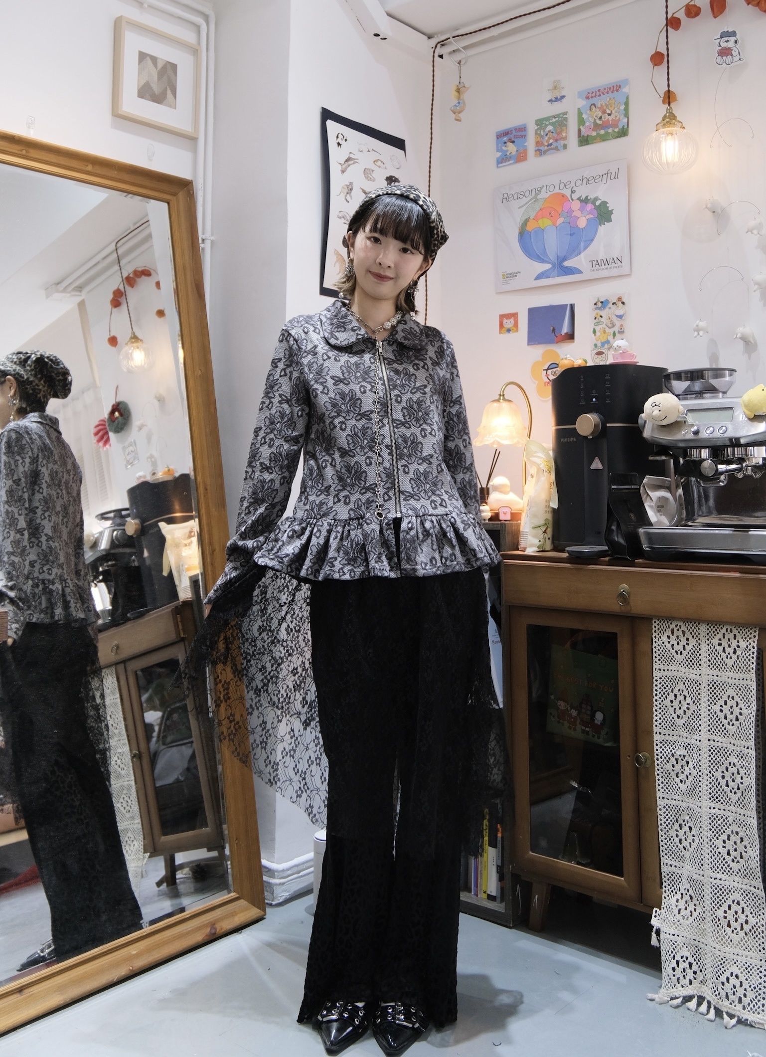 復古印花Ruffle反領TOP