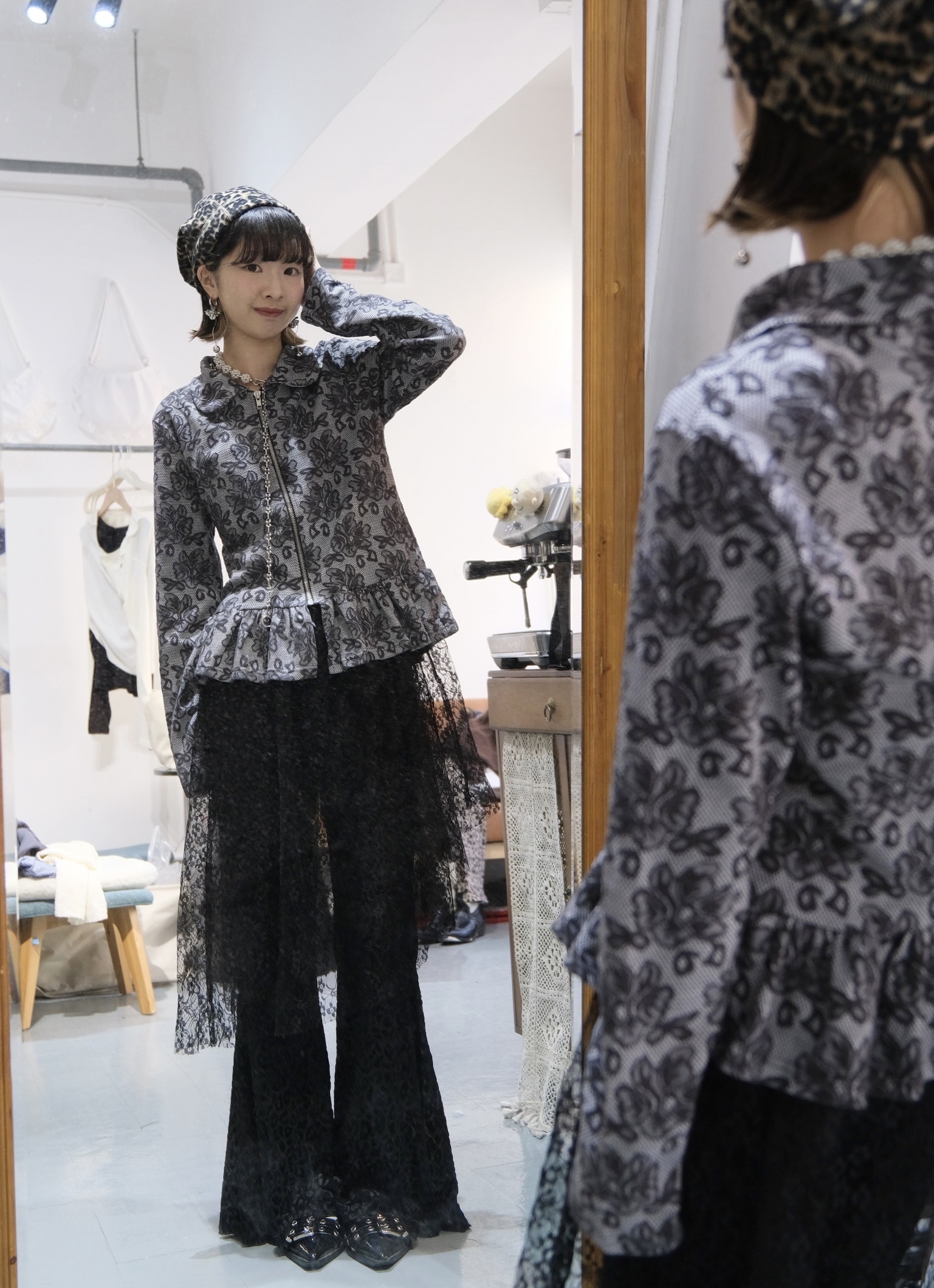 復古印花Ruffle反領TOP