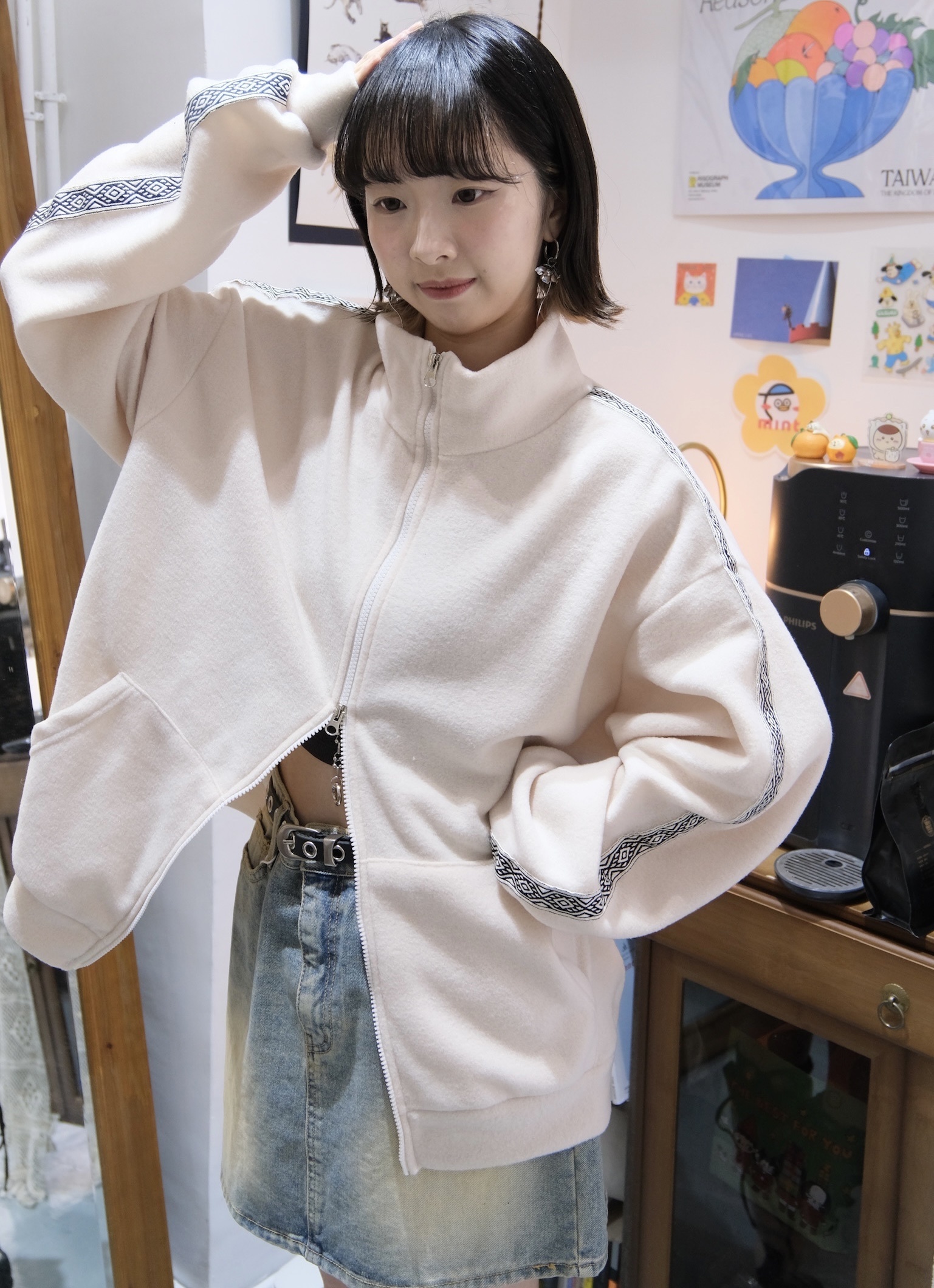 [三色入]民族風抓毛雙拉鍊外套(Ivory & Black )