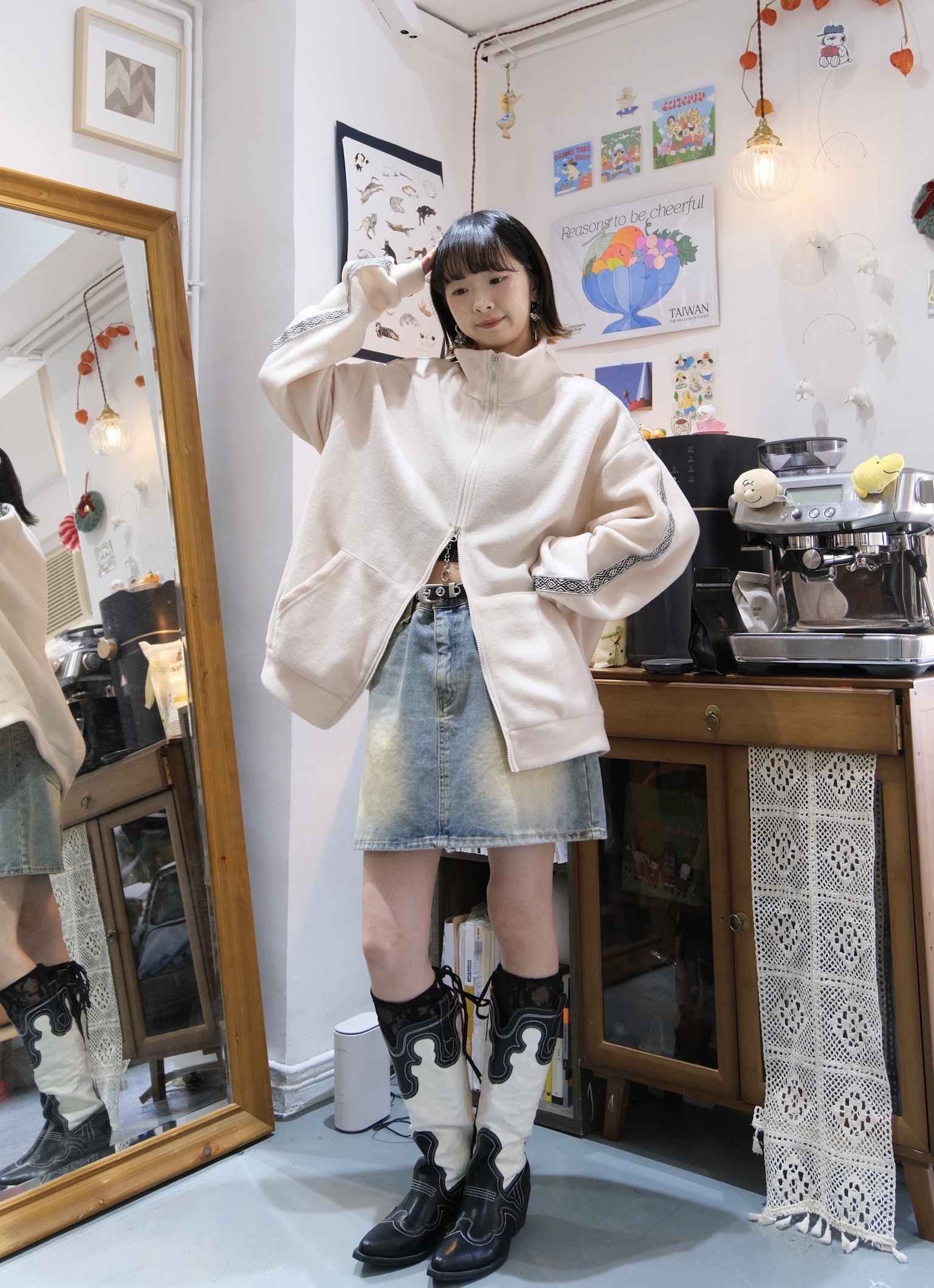 [三色入]民族風抓毛雙拉鍊外套(Ivory & Black )