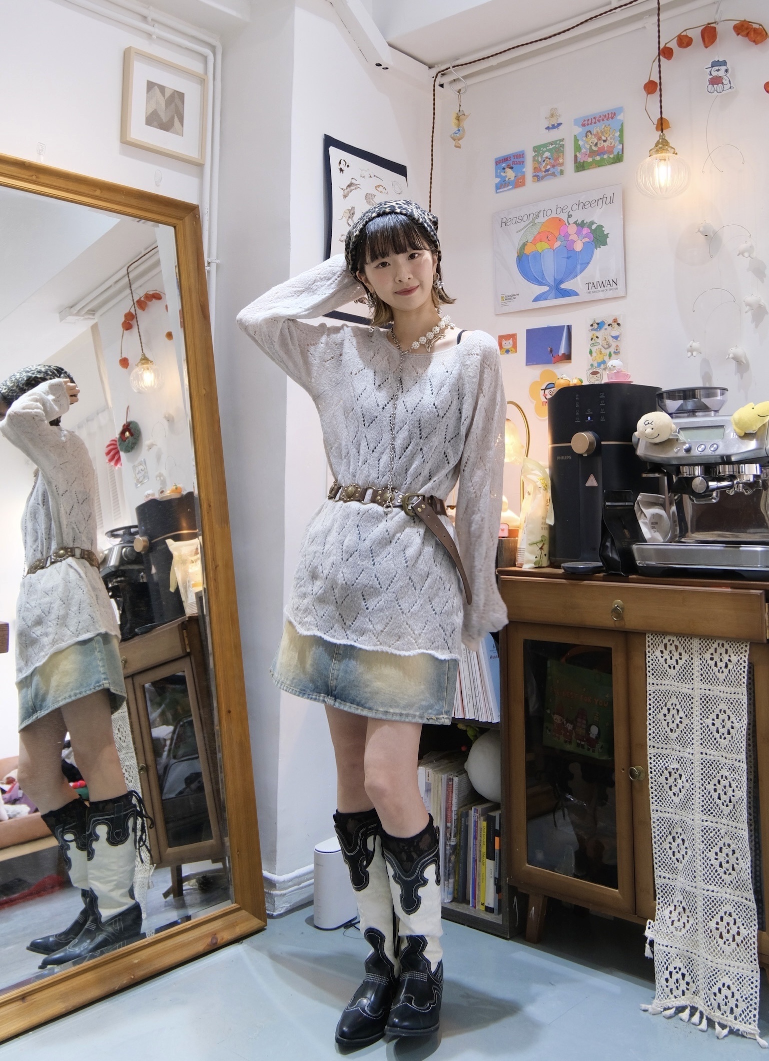 菱格紋斜肩冷衫