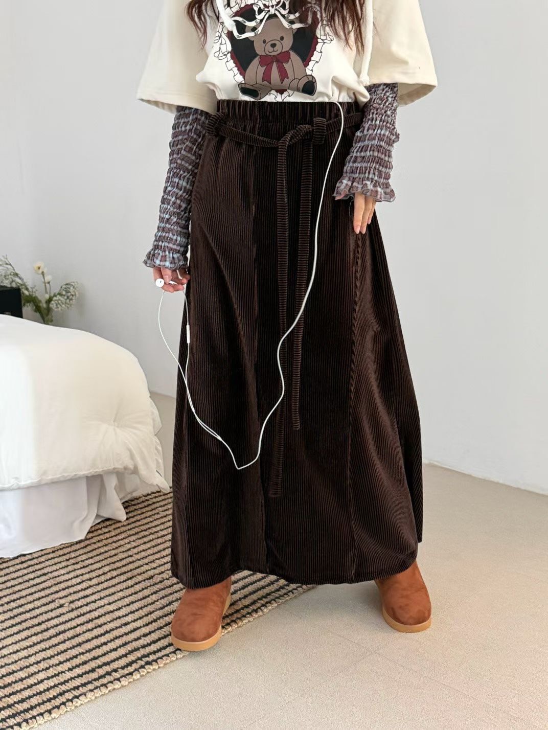 綁帶坑條絨布長裙