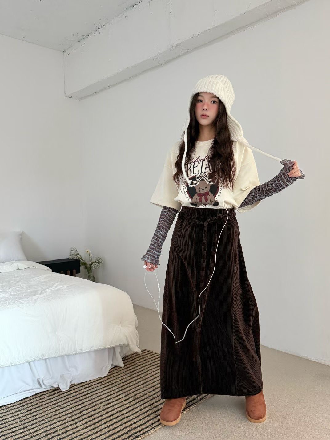 綁帶坑條絨布長裙