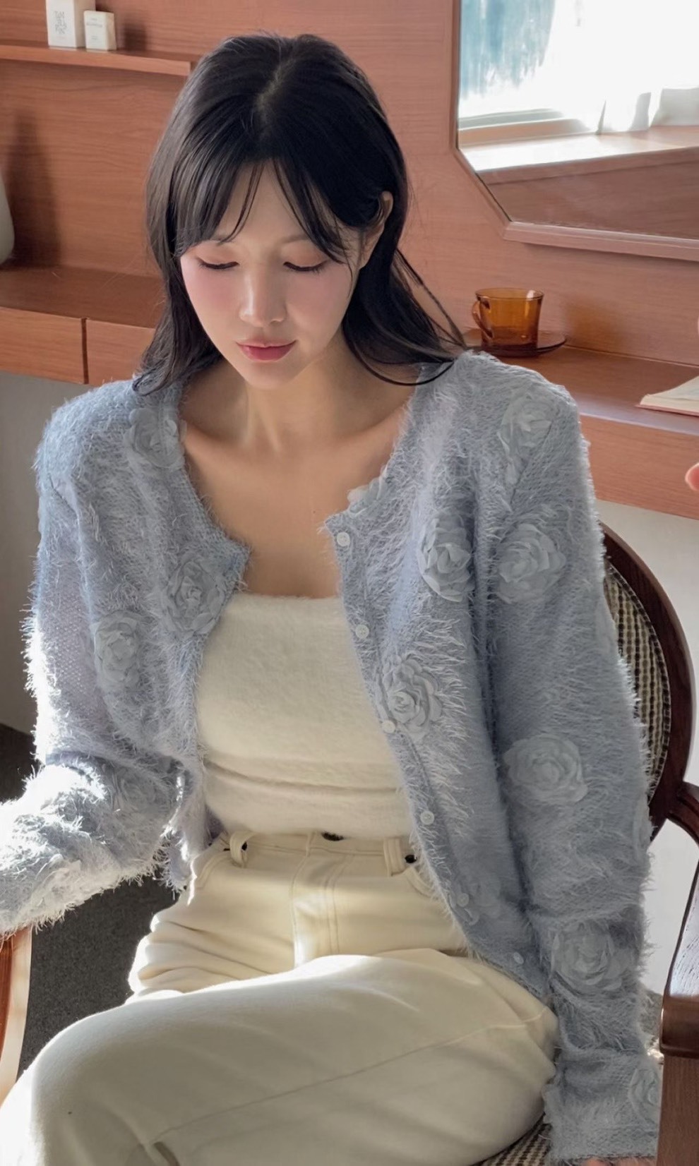 花朵開襟毛毛針織外套