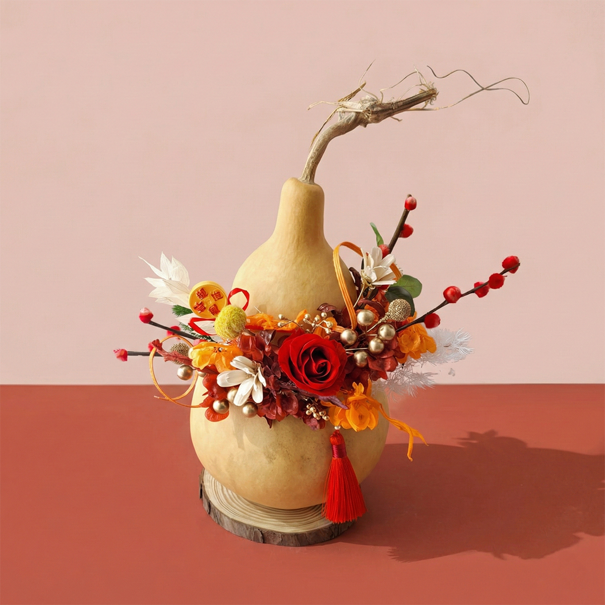 【官網限定款】T65｜福祿花開葫蘆造型盆花｜乾燥花/永生花｜新年桌花/春節送禮