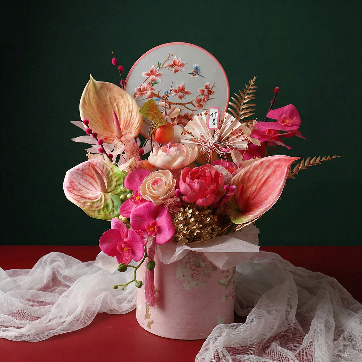T53｜瑞氣迎春粉色系新年盆花｜索拉花/高擬真花｜春節賀禮/過年盆花