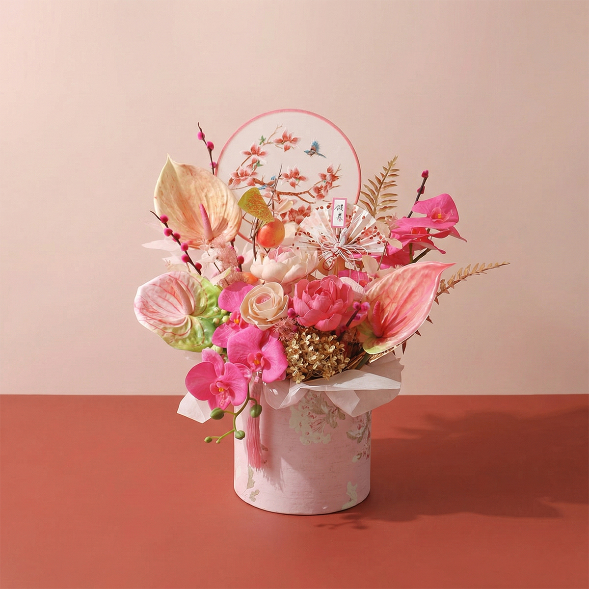 T53｜瑞氣迎春粉色系新年盆花｜索拉花/高擬真花｜春節賀禮/過年盆花