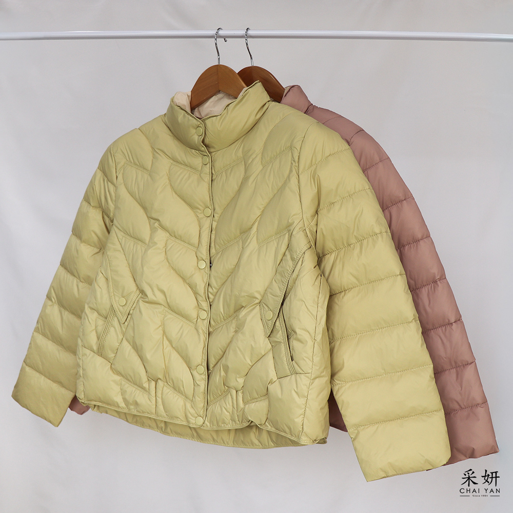 內外跳色壓釦立領鋪棉外套