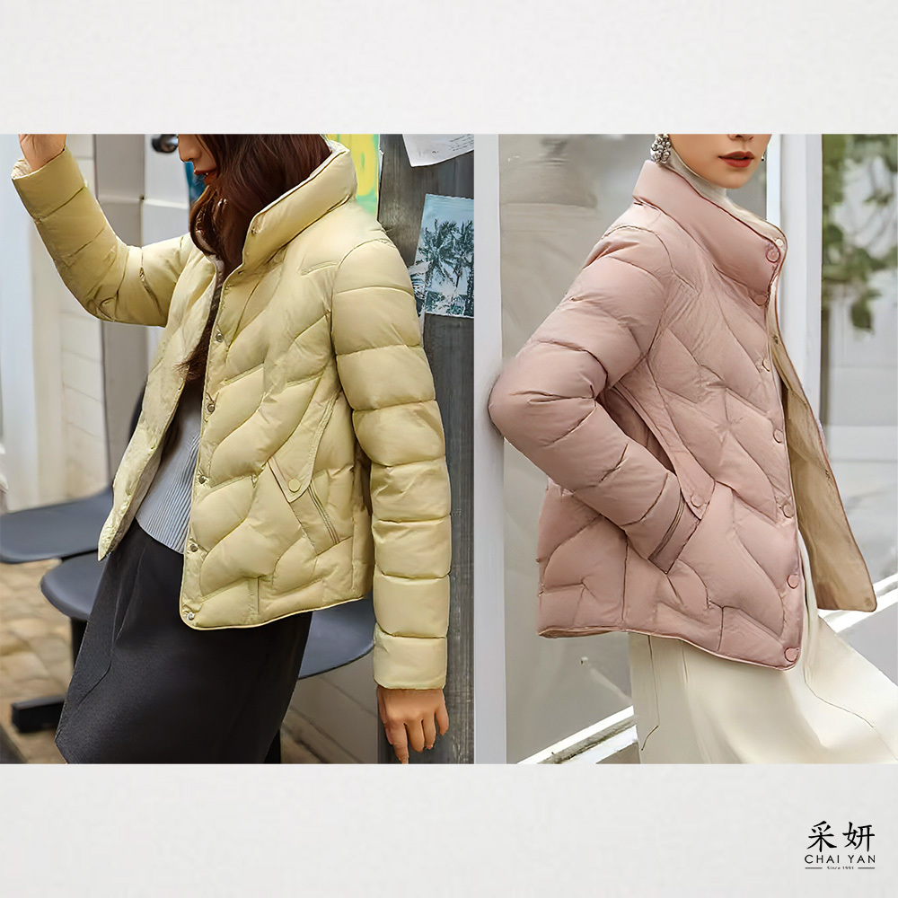 內外跳色壓釦立領鋪棉外套