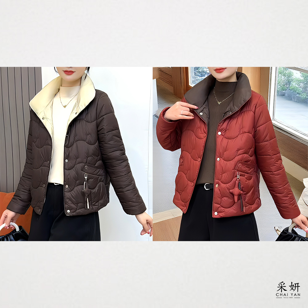 小綴飾翻領跳色鋪棉外套