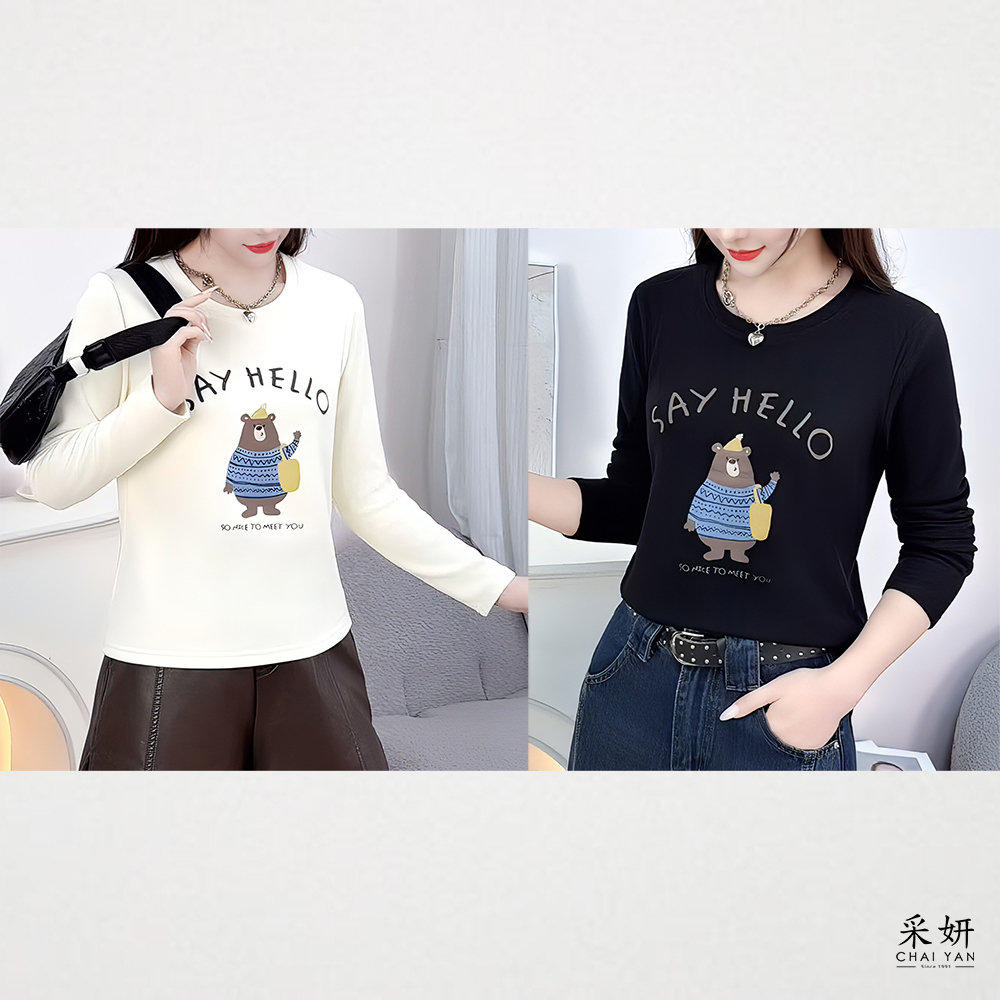 小熊印花德絨加絨長袖上衣