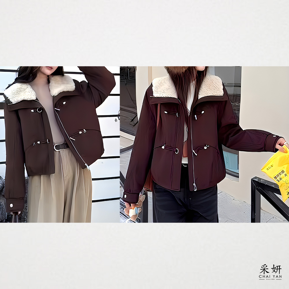 金屬釦刷毛領鋪棉外套