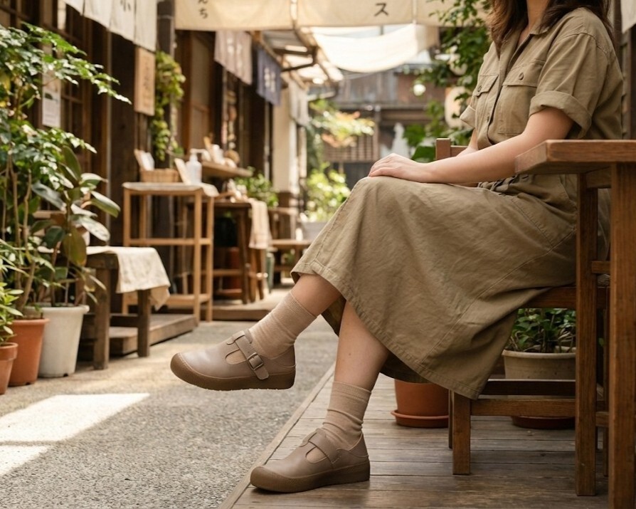 日系文青風格穿搭示範，利用 Sanly Joy 木沐真皮勃肯鞋搭配針織中筒襪，展現 City Girl 隨性層次感，2WAY 兩穿設計適合週末逛街與露營穿搭。