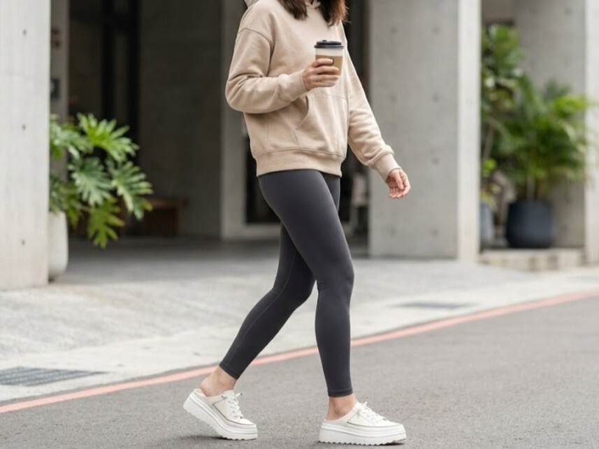 Sanly Joy 真皮穆勒鞋的一哩路穿搭示範，搭配瑜珈褲展現歐美休閒風格，頭層牛皮質感完勝塑膠拖鞋，是外出買咖啡、遛狗最方便的時髦懶人鞋推薦。