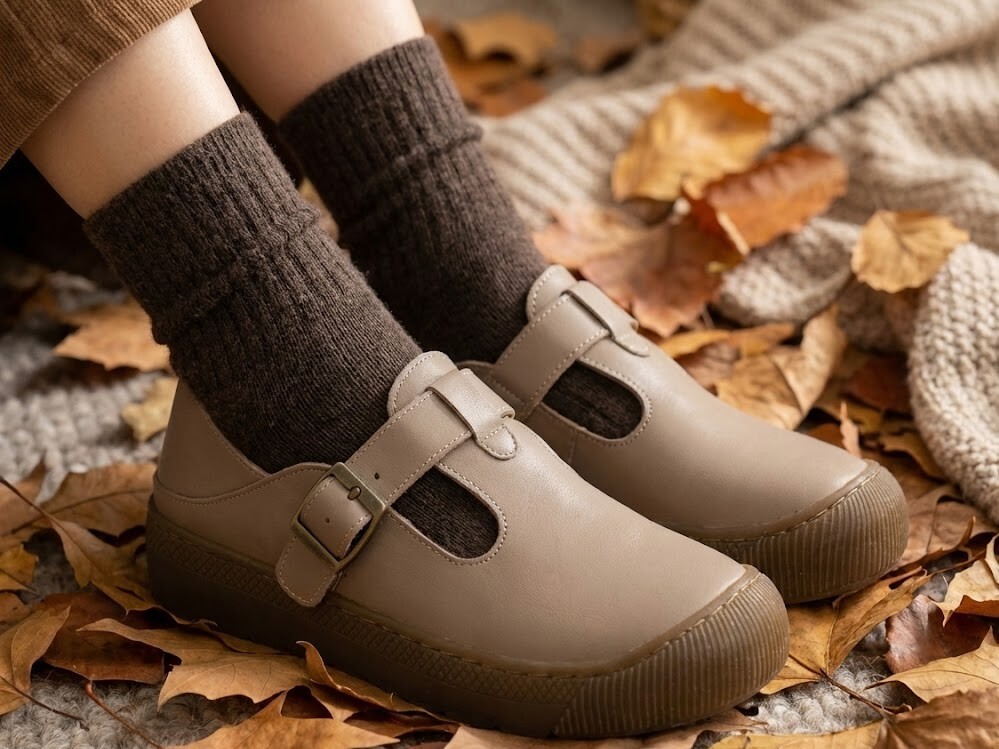 秋冬穆勒鞋穿搭技巧，示範 Sanly Joy 真皮懶人鞋搭配羊毛襪的保暖造型，打破季節限制，讓後空鞋也能成為秋冬時尚單品，兼具溫度與風度。