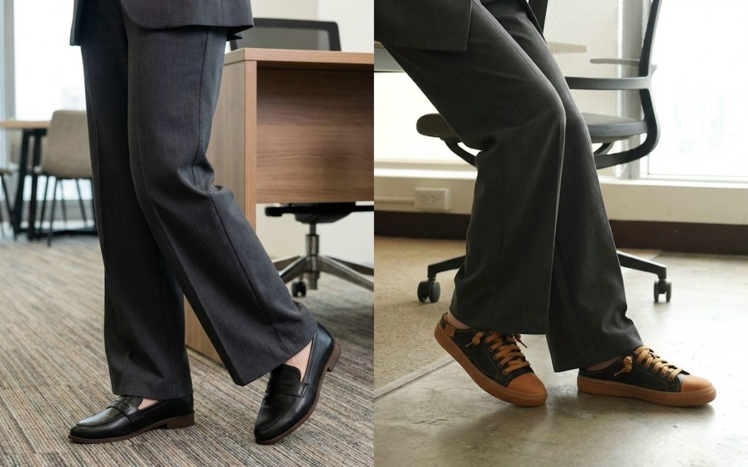 上班族辦公室穿搭推薦 Sanly Joy 真皮穆勒鞋與懶人樂福鞋，正面造型搭配西裝褲展現專業感，後空設計透氣舒適，是 OL 必備的懶人職場皮鞋。