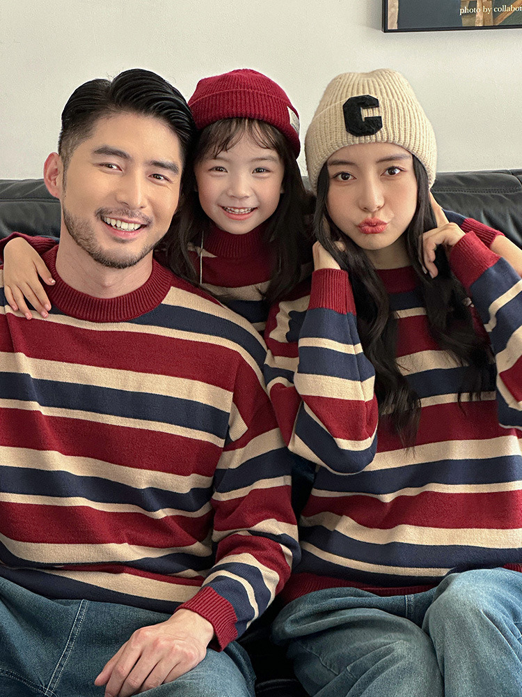 復古配色條紋親子毛衣(80-150/S-2XL)