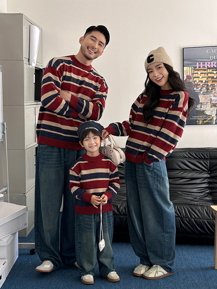 復古配色條紋親子毛衣(80-150/S-2XL)