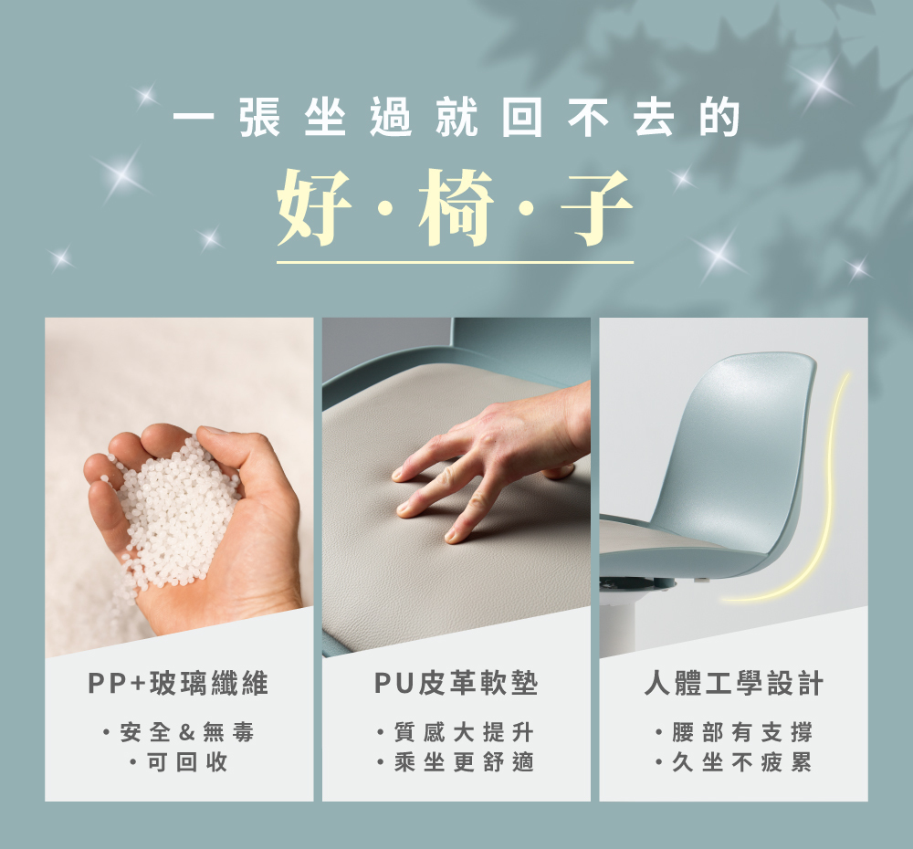 Köln 科隆升降椅材質說明，PP 椅座搭配 PU 坐墊，耐用且易於清潔保養