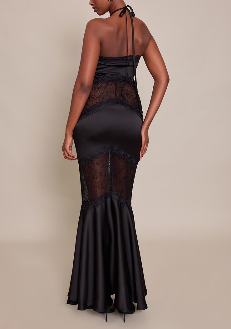 Black Night黑色緞面蕾絲饒脖綁帶Dress