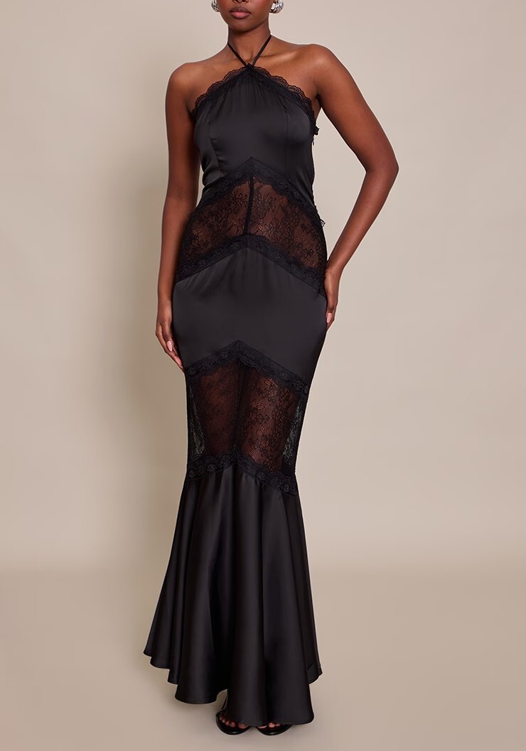 Black Night黑色緞面蕾絲饒脖綁帶Dress