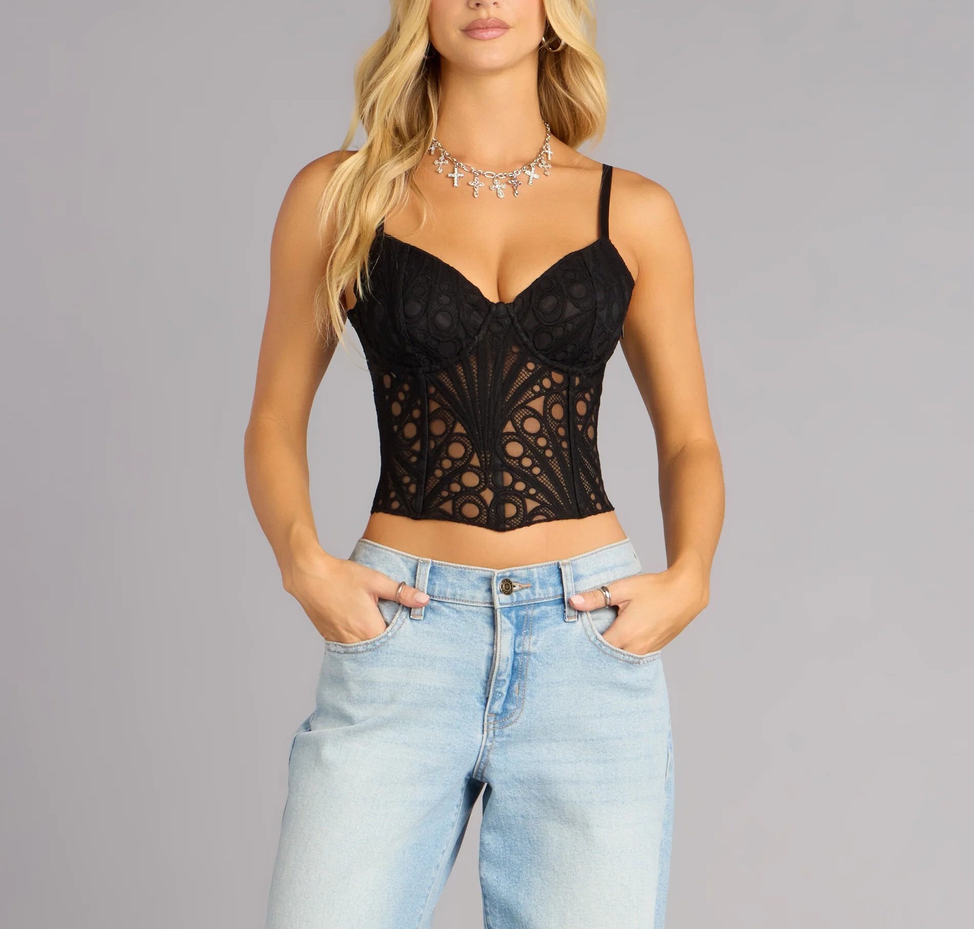 Black Honey黑色鈎洞紋理蕾絲馬甲上衣