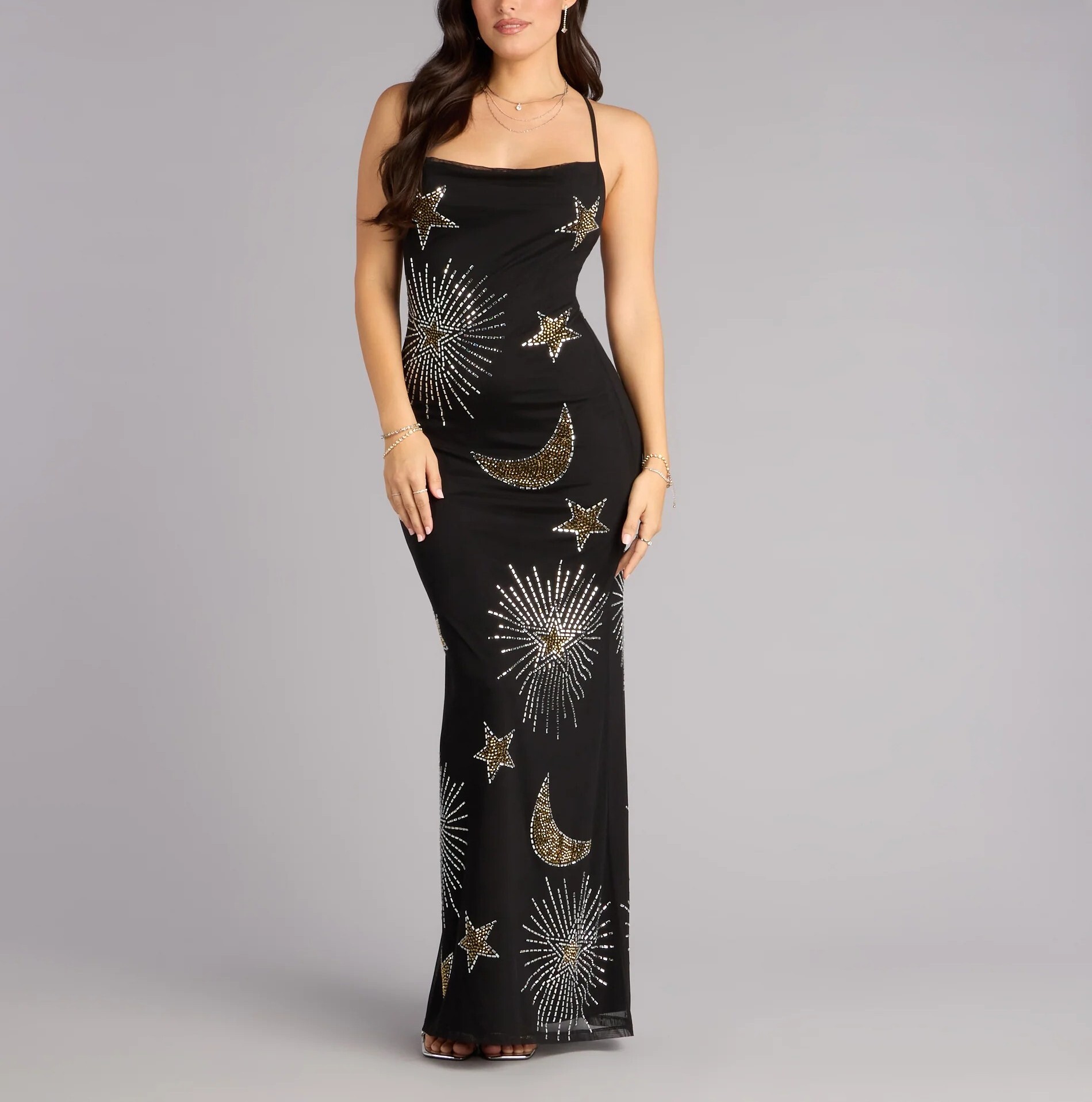 New Year's Eve黑色手工縫珠星星鑽長Formal洋裝