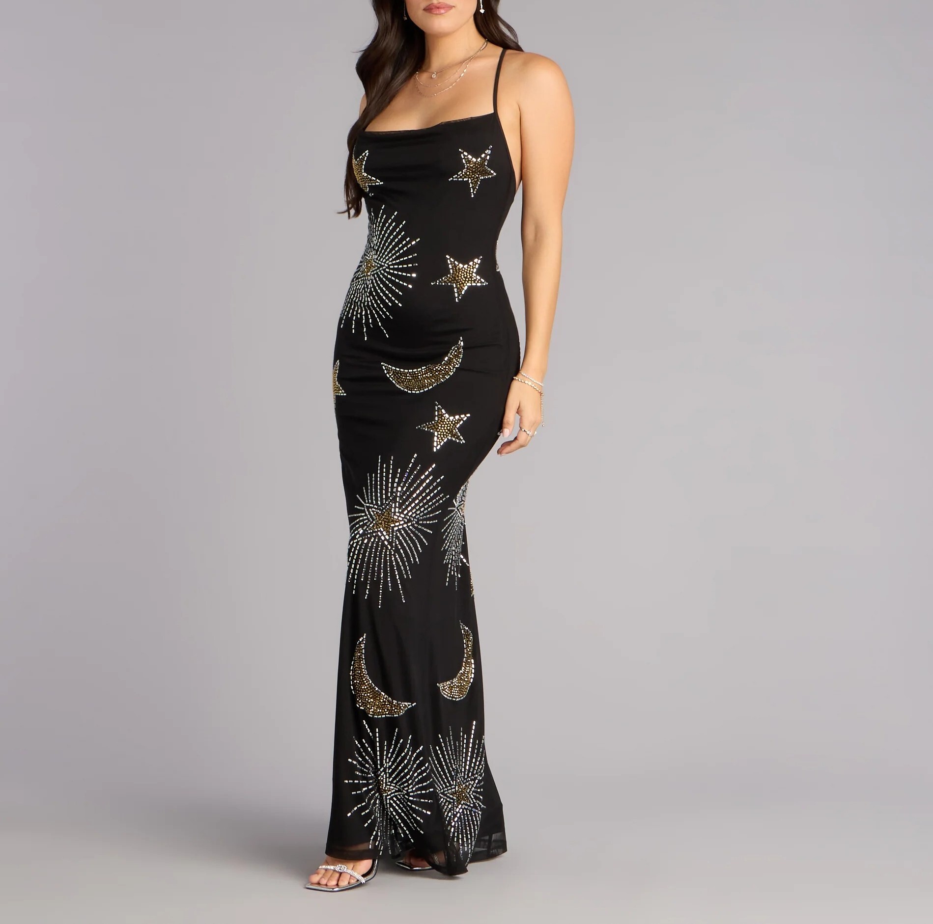 New Year's Eve黑色手工縫珠星星鑽長Formal洋裝