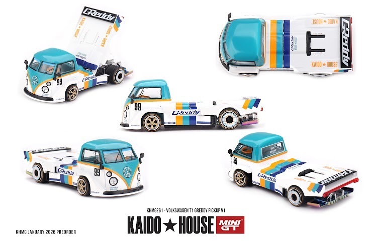 PO-$135 * MINI GT * 1:64 KHMG261 Volkswagen T1 GReddy Pickup V1